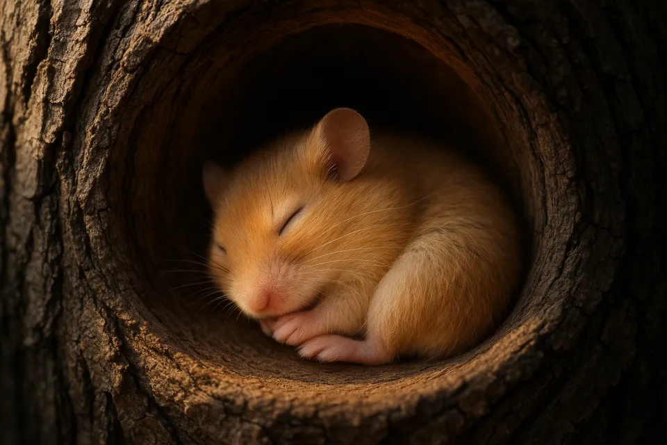A gentle rodent sleeping in a tree hollow, in a cute pose.