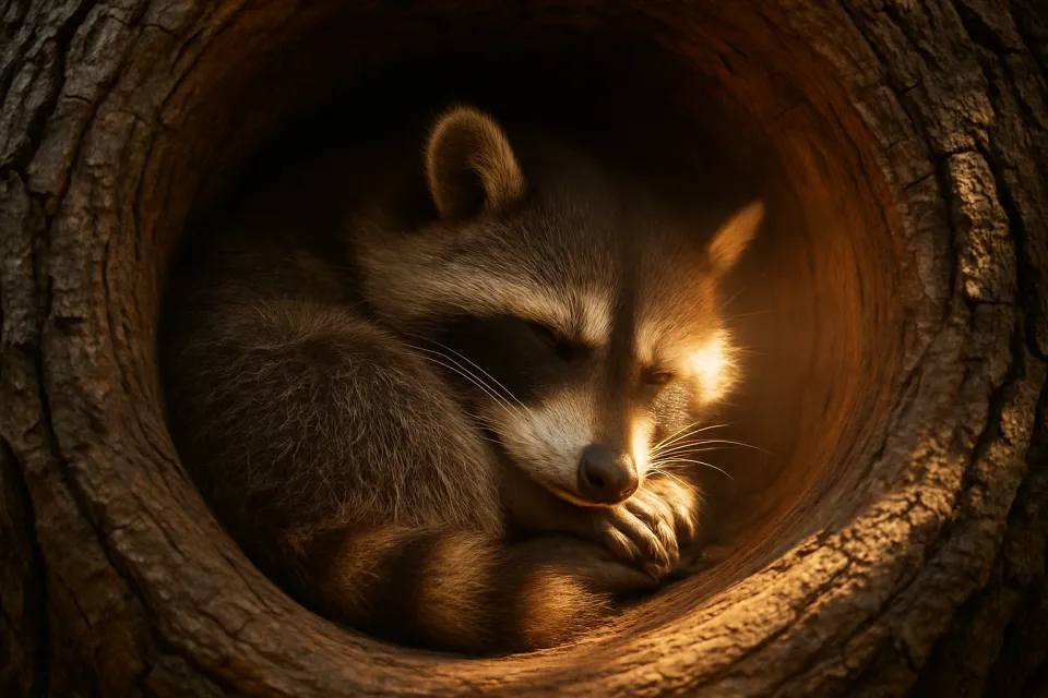 Un mapache duerme cómodamente en el hueco de un viejo árbol, arropado en su pelaje