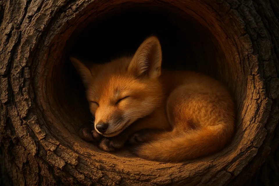 Zorrito con pelaje brillante, cómodamente acomodado en un hueco de madera
