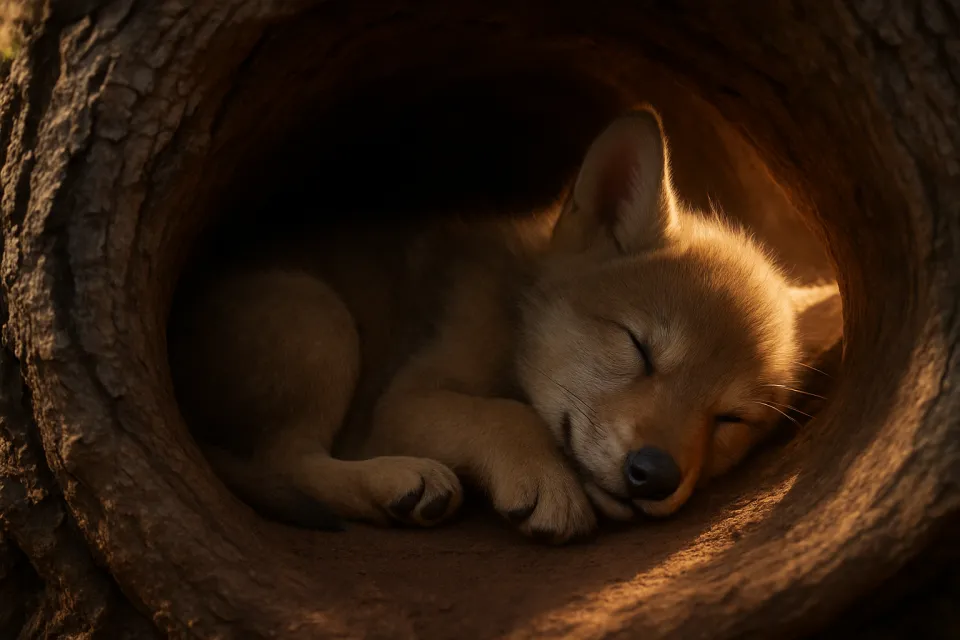 Lindo cachorro cómodamente acomodado y durmiendo en un hueco de árbol