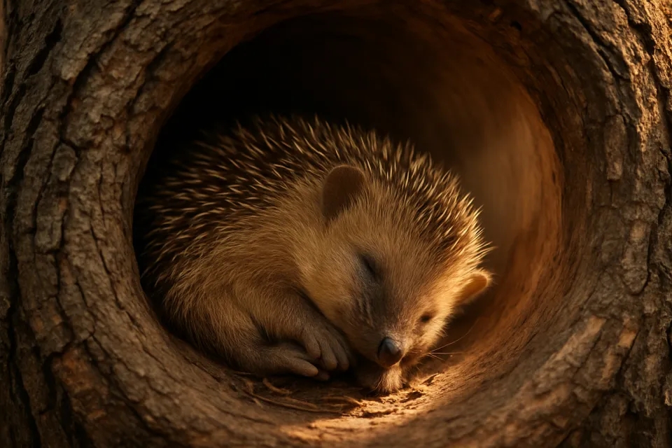 Lindo erizo durmiendo plácidamente en un hueco de árbol