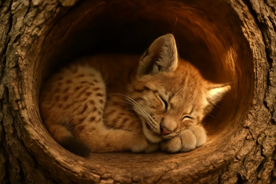 Un gatito duerme en un cálido hueco de árbol con una suave iluminación