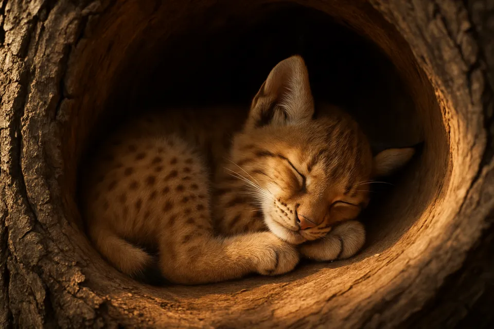 Gatito cómodamente acomodado en la parte hueca de un árbol, duerme pacíficamente