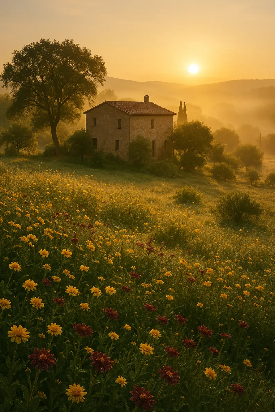 Morning landscape with a house set against a blooming field and the rising sun