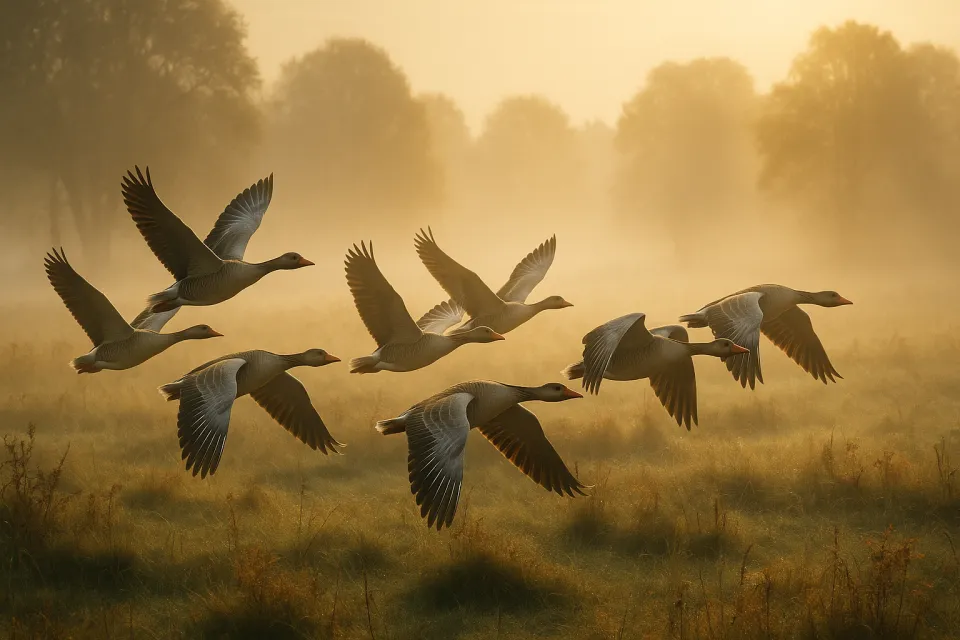Grupo de gansos volando a través de un paisaje brumoso al amanecer