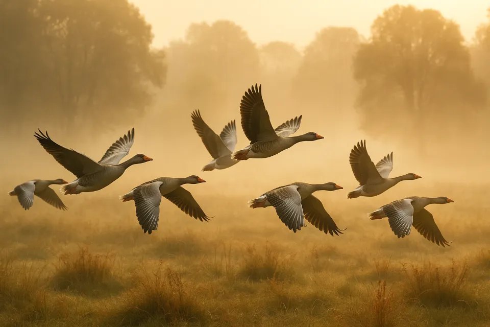 Gansos volando sobre un campo herboso brumoso al amanecer