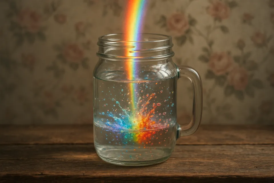 Imagen de un frasco con agua del que surge una fuente de arco iris