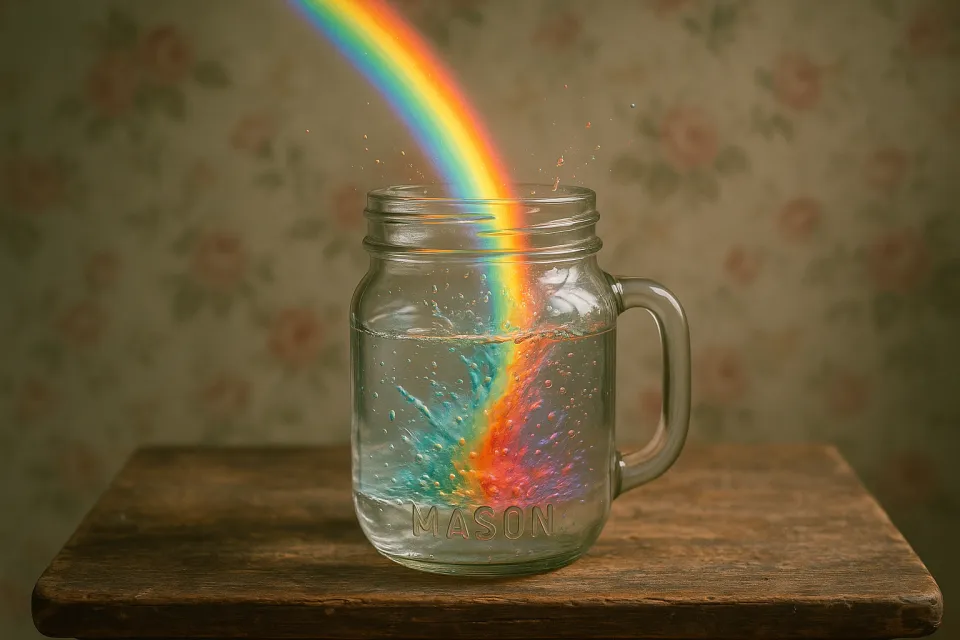 Image of a jar of water with a rainbow emerging from it