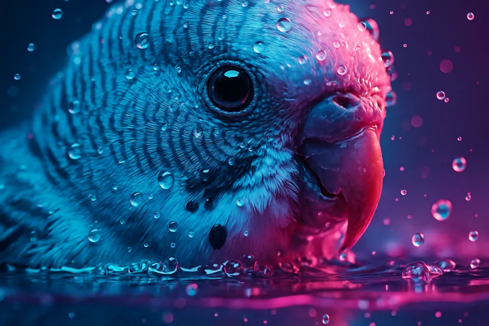Primer plano de un pájaro con gotas de agua transparentes en sus plumas, iluminado por luces de neón