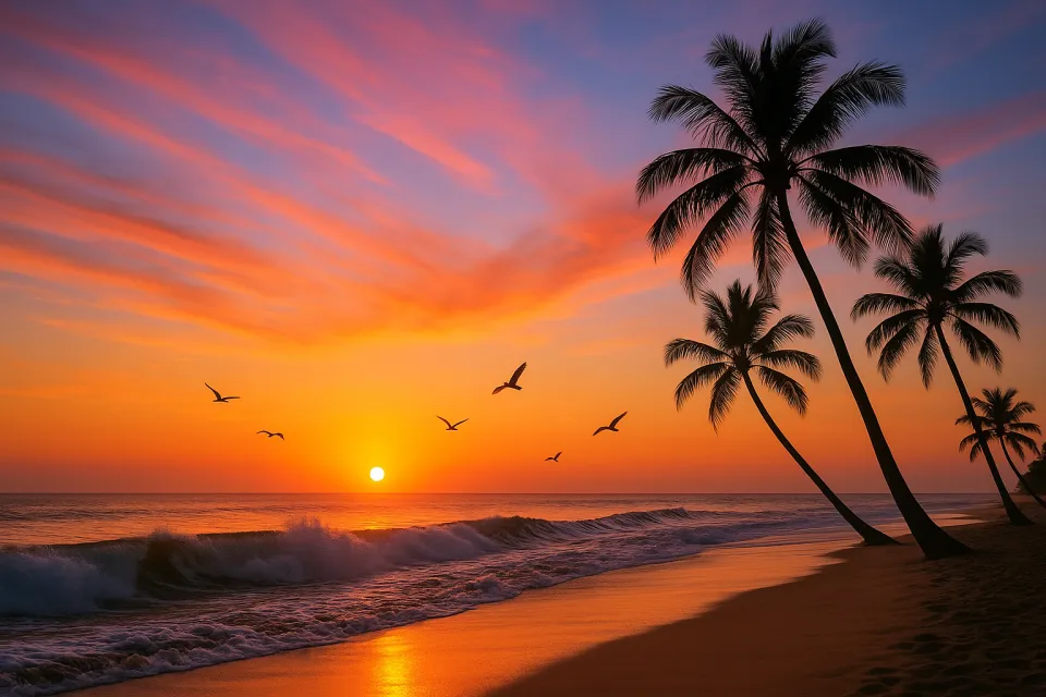 Beautiful sunset against the backdrop of a seaside with palm trees and flying birds
