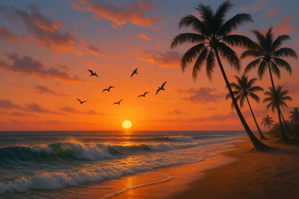 Tropical landscape with palm trees and a sunset over the ocean