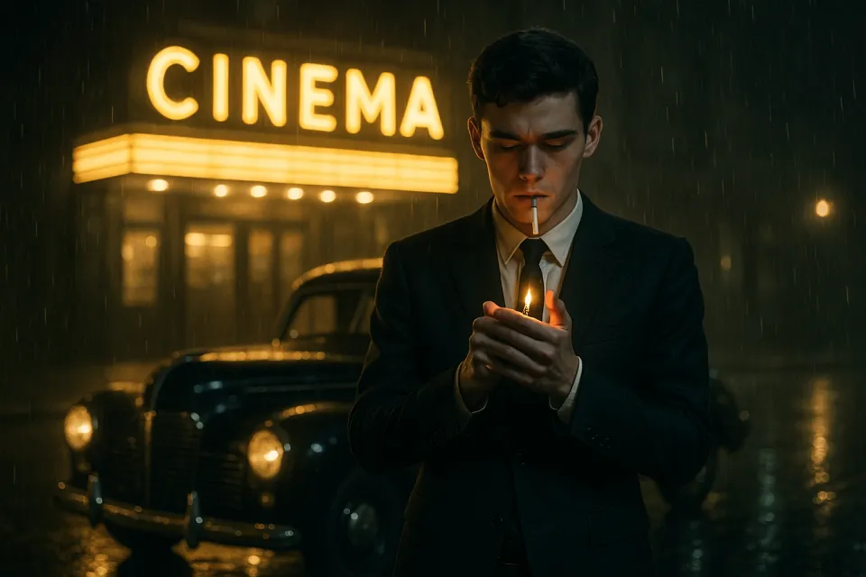 Hombre joven en un traje elegante encendiendo un encendedor en una noche lluviosa junto al cine