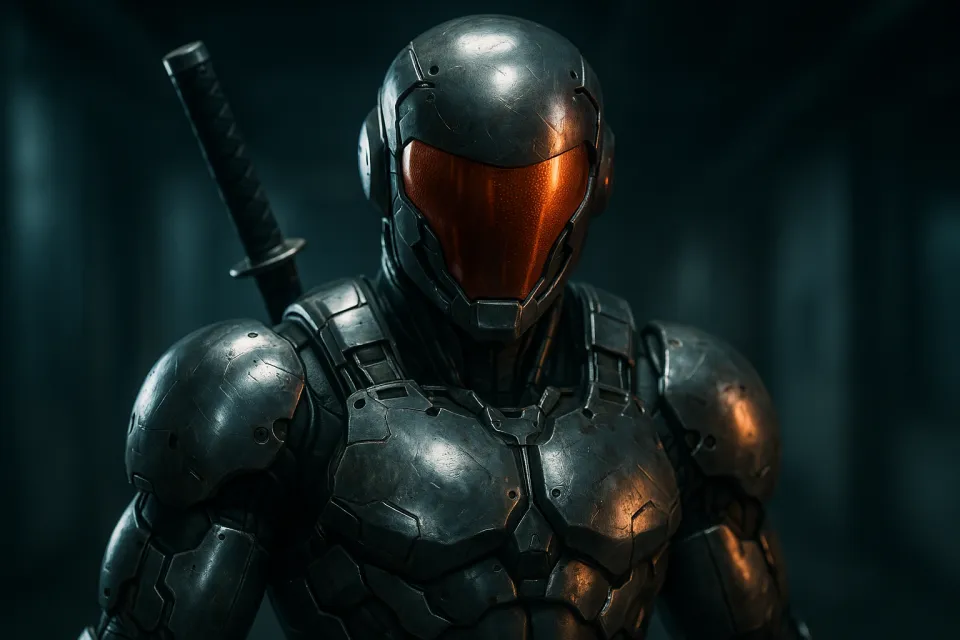 Armadura con textura metálica y visor naranja del ciberguerrero