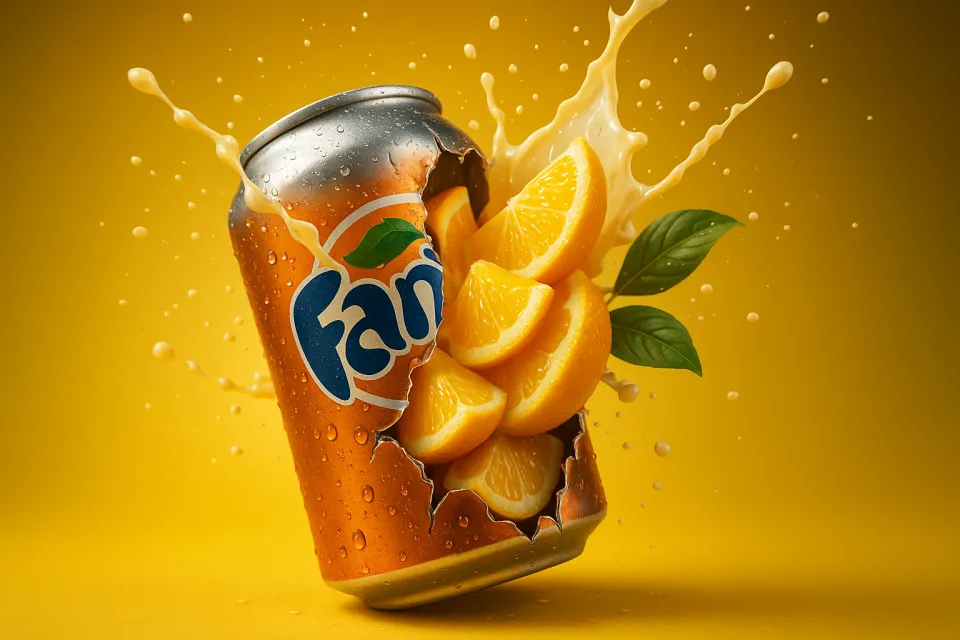 Фотография банки Fanta с ломтиками апельсина и всплеском лимонада