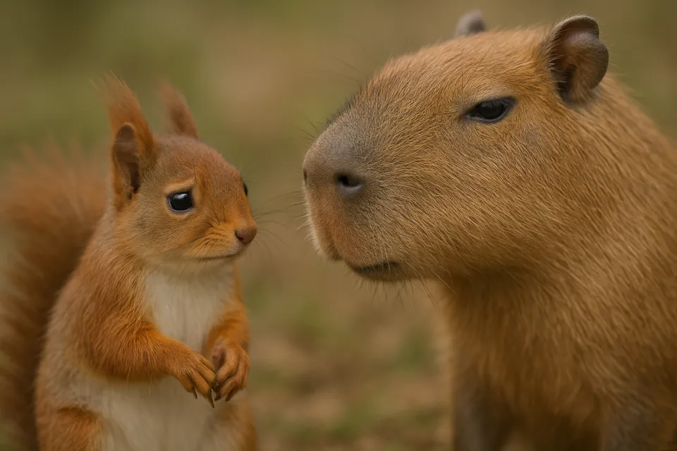 La ardilla y el capibara interactúan en la naturaleza, mirándose a los ojos.
