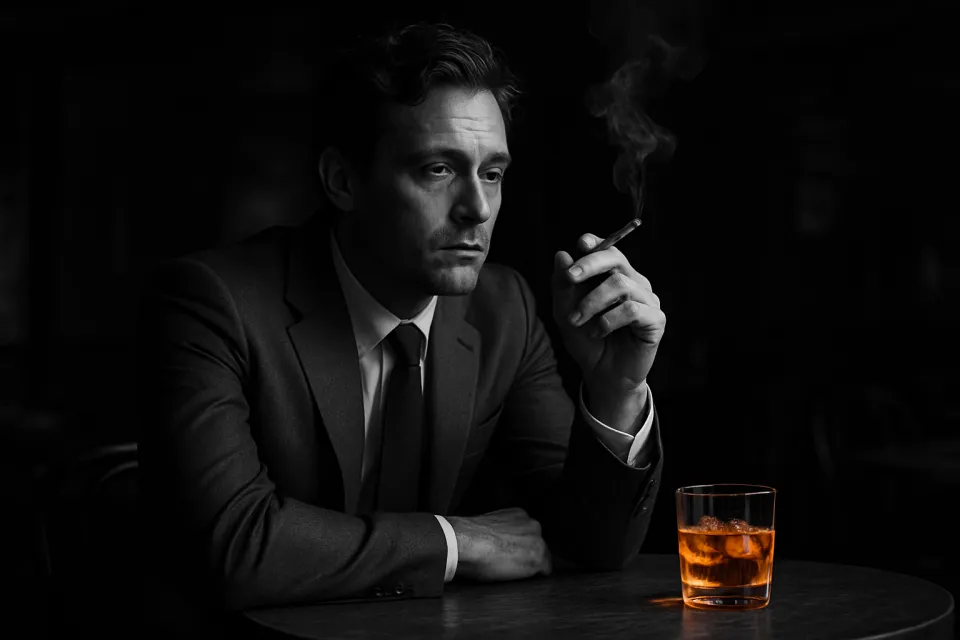 A man in a formal suit sits with a cigarette and a glass of whiskey