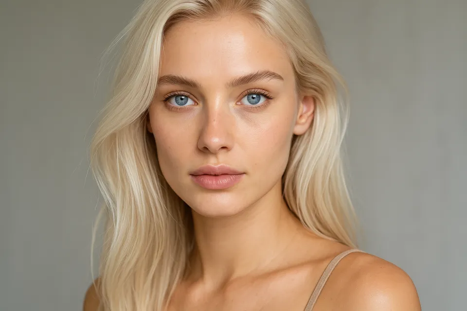 Young woman with long light hair and bright blue eyes