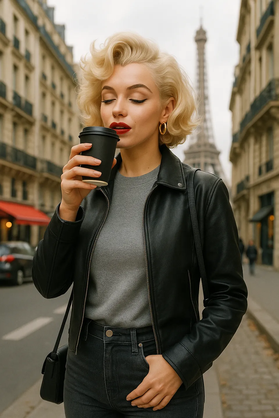 Elegant woman enjoying coffee on the streets of Paris with the Eiffel Tower behind her