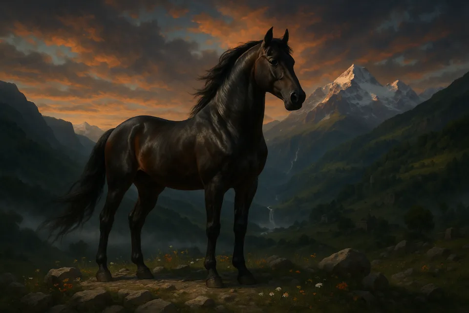 Caballo con pelaje brillante frente a montañas y un atardecer