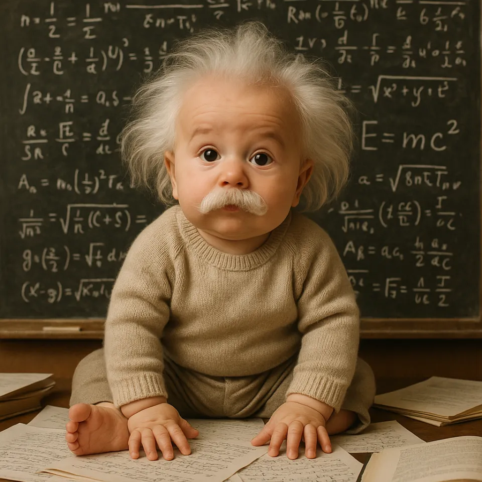 Cub with white hair and mustache surrounded by books and mathematics