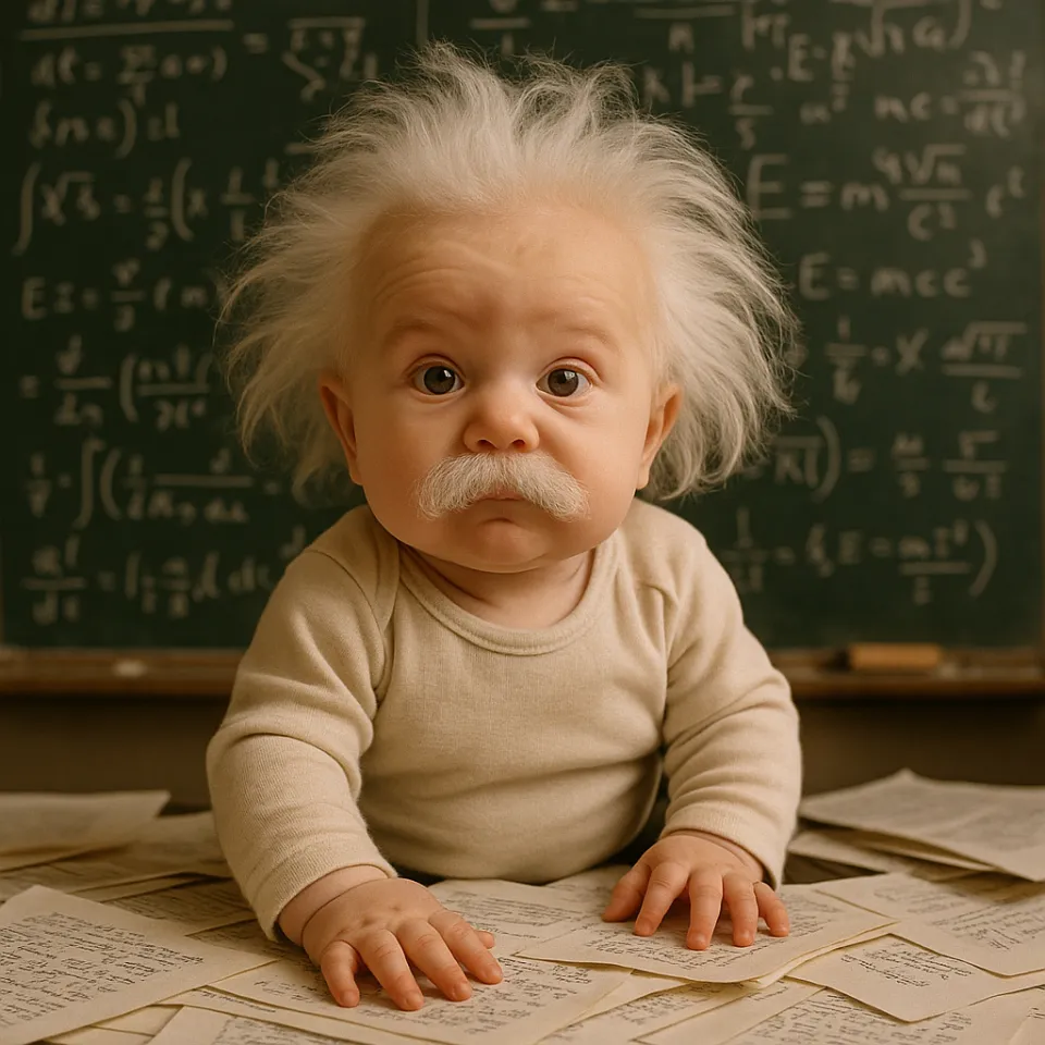 A baby with white hair and a mustache sitting on papers in front of a wall with formulas