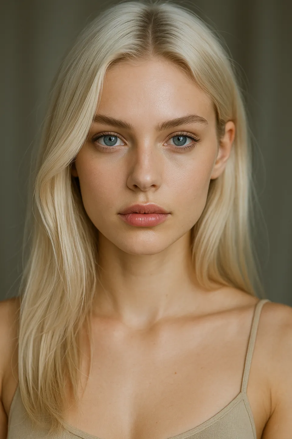 Photograph of a Stylishly Dressed Young Woman with Long Blonde Hair and Blue Eyes