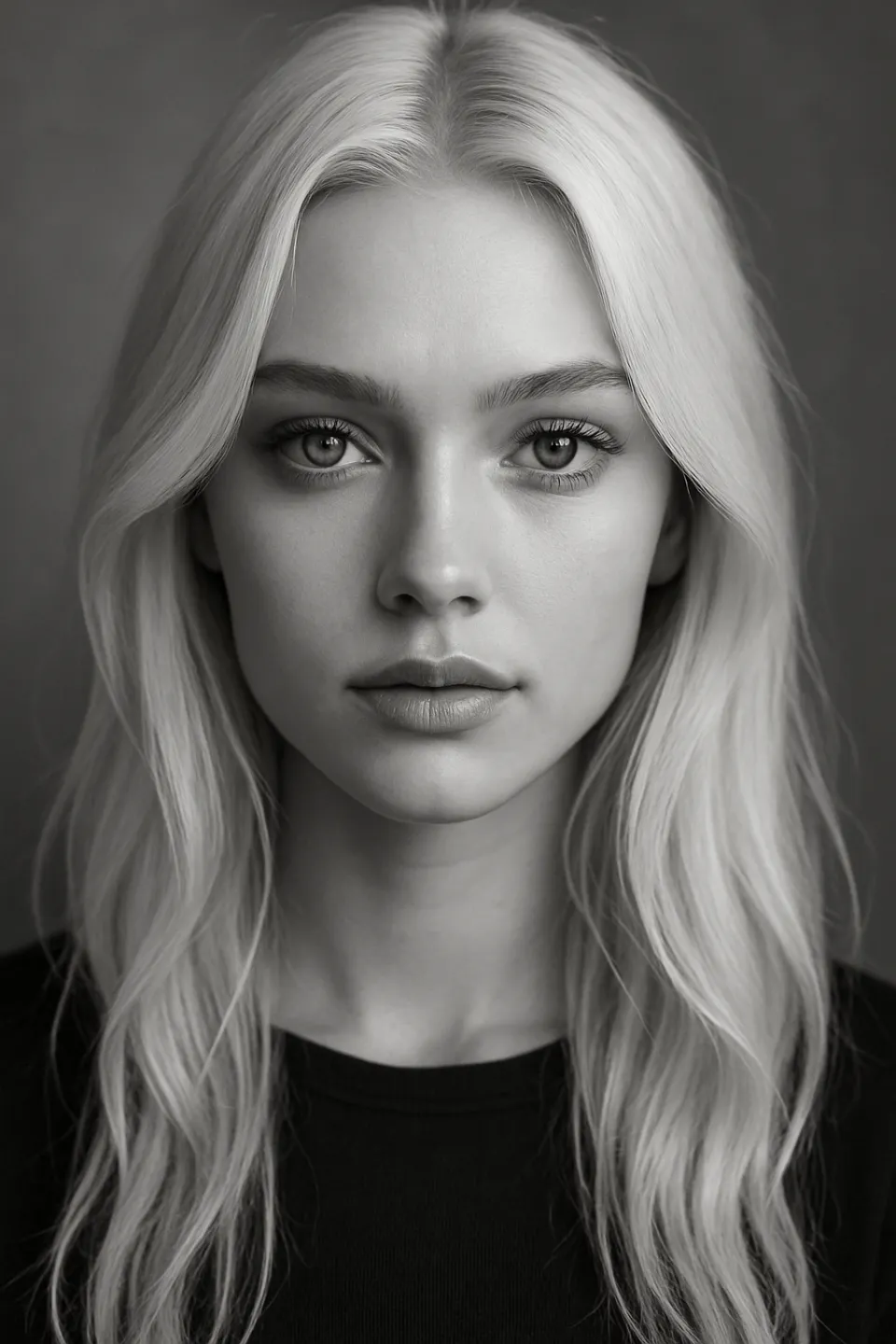Retrato en blanco y negro de una joven con cabello largo y rubio y una expresión seria en el rostro