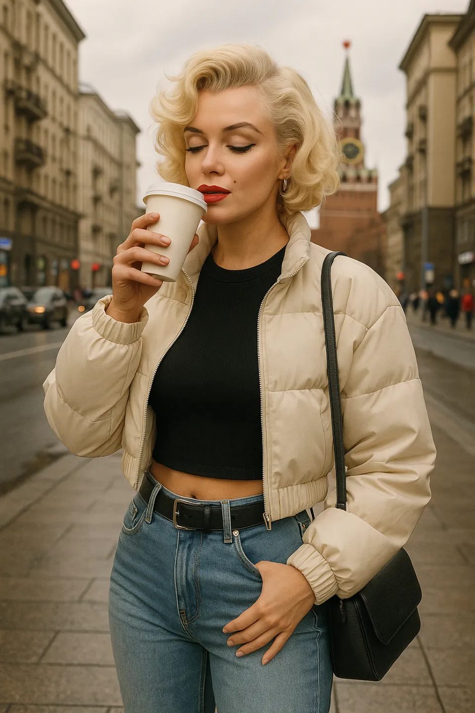 Fashionable Young Woman Drinking Coffee Against a City Architecture Background