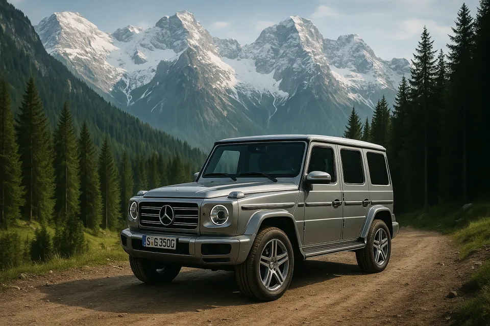 Silver Mercedes G-Class against a backdrop of mountains and forests