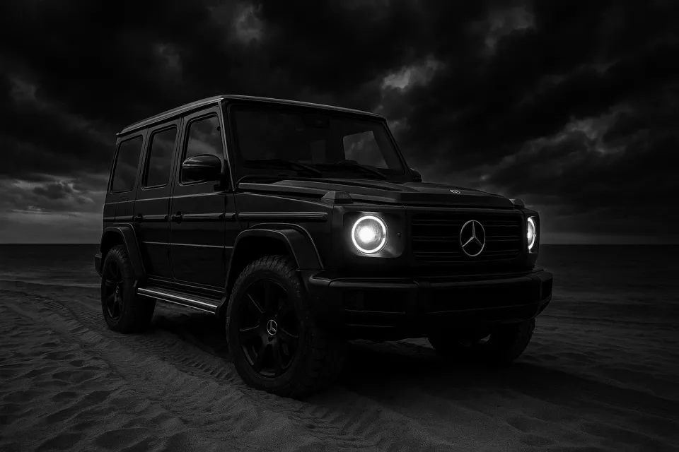 Черный Mercedes G-Class стоит на песчаном пляже под облачным небом