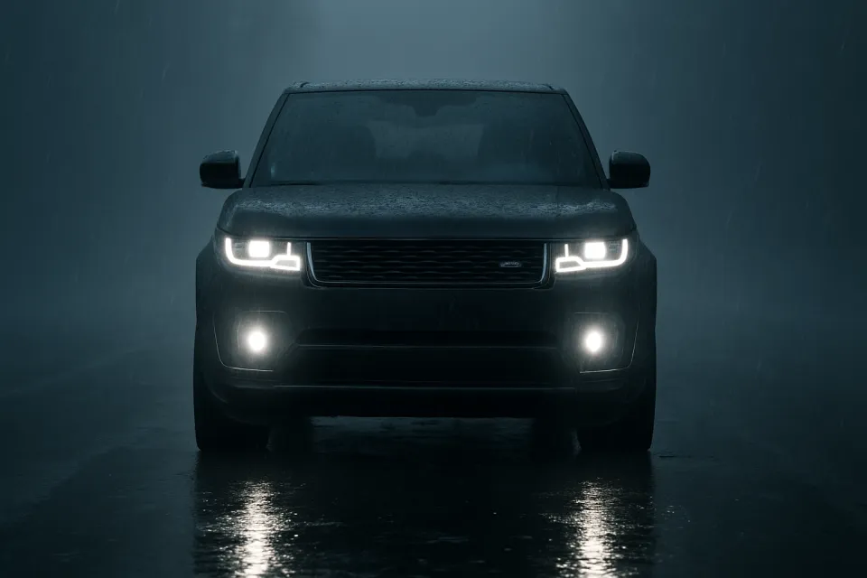 SUV oscuro iluminado por los faros en una carretera mojada en una noche lluviosa
