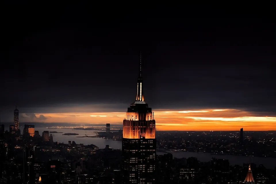 Atardecer sobre Nueva York, iluminado por los rascacielos de la ciudad