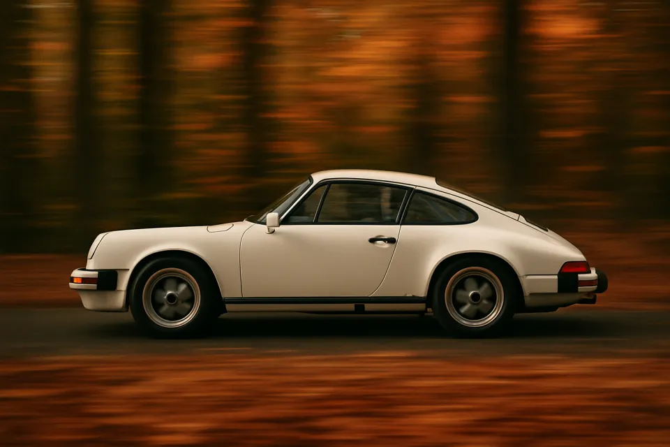White sports car in motion against blurred autumn trees