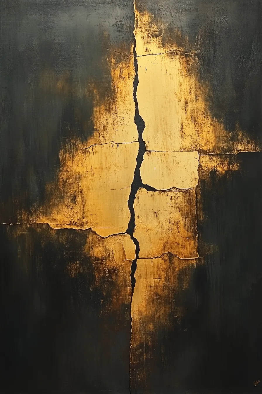 Composición abstracta con grietas doradas sobre un fondo oscuro