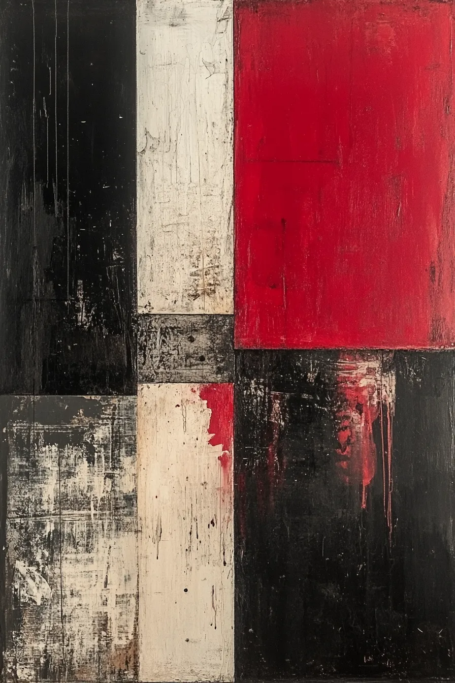 Cuadro abstracto con rectángulos negros, blancos y rojos