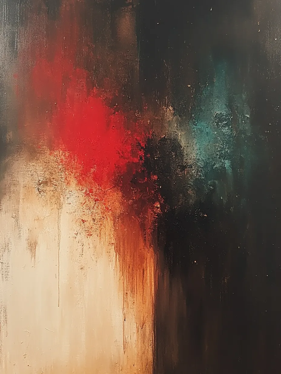 Abstract painting with red and blue accents on a dark background