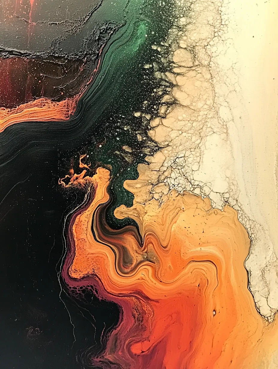 Colorful abstract fluid painting with swirling orange, black, and green hues