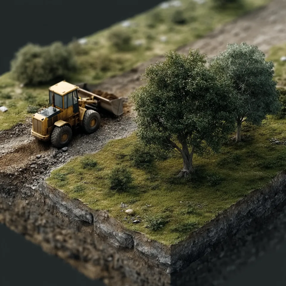 Modelo de constructor con excavadora en una colina verde y árboles