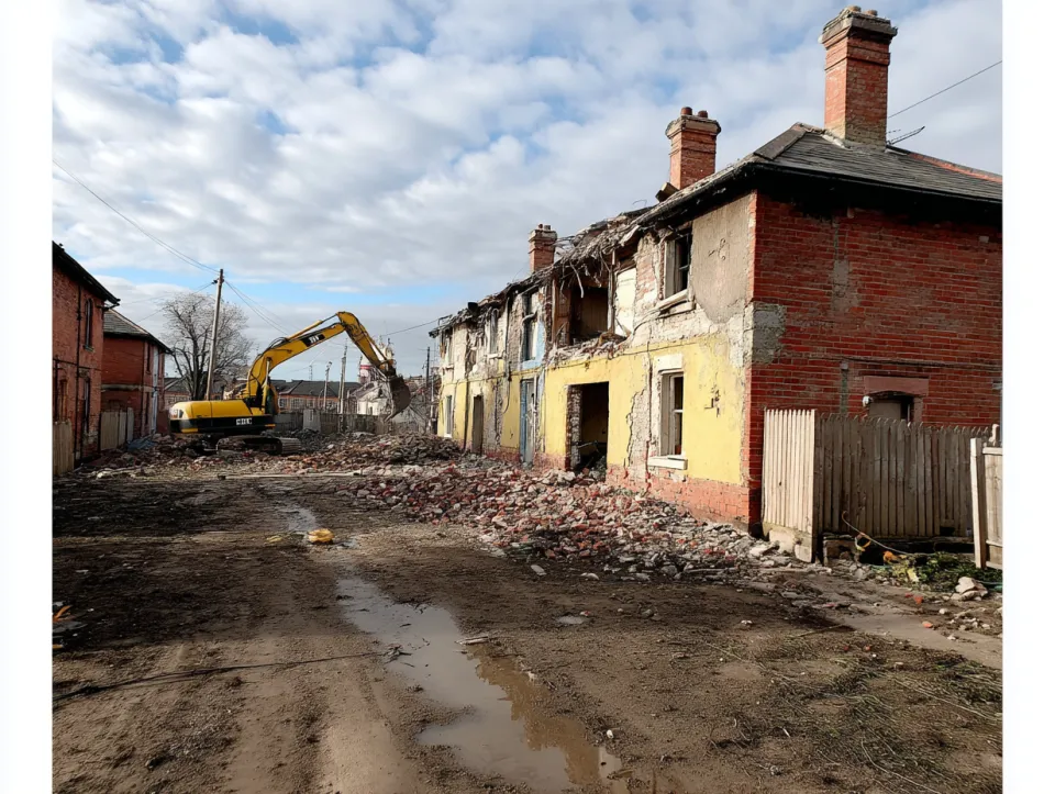 Excavadora demolida parte de edificios antiguos en la calle