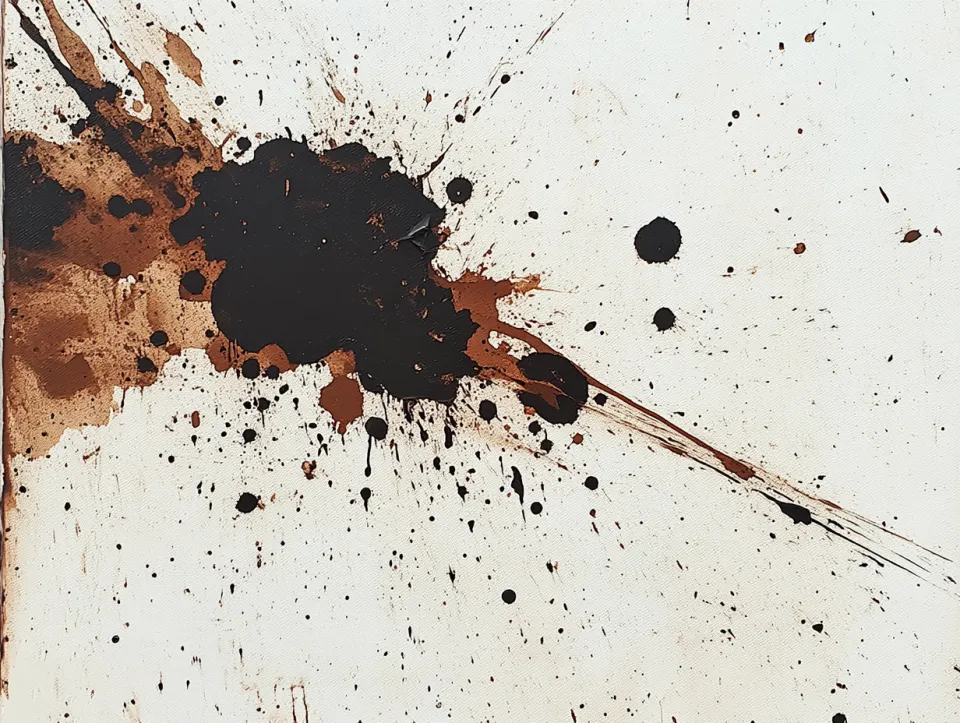 Obra de arte abstracto creativo con manchas negras y marrones sobre un fondo blanco