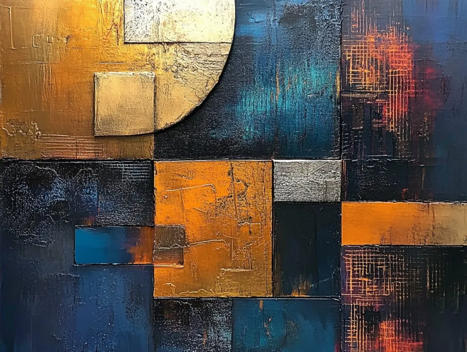 Modern Abstract Painting with Golden and Blue Elements