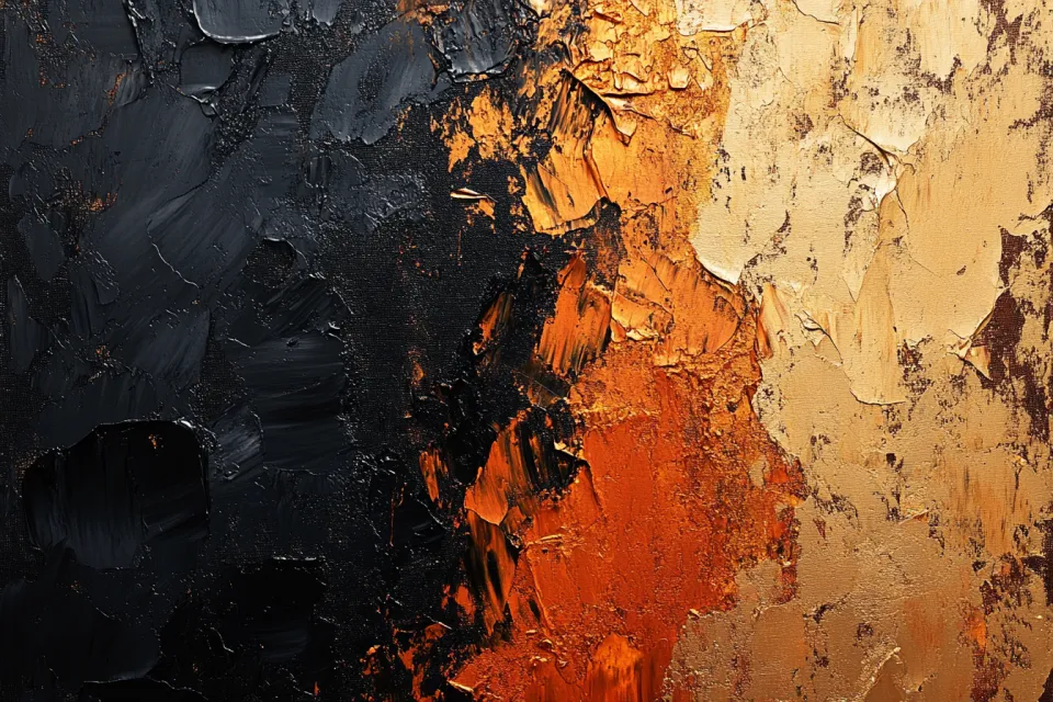 Primer plano de una pintura abstracta al óleo con tonos negros, naranjas y dorados