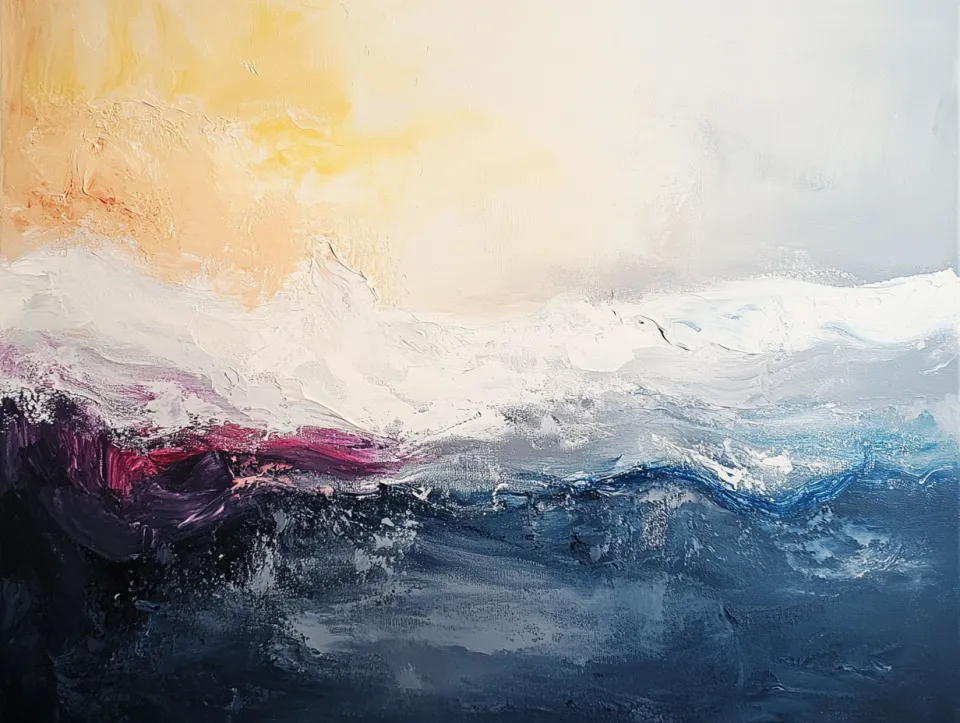 An abstract painting depicting waves in various shades of blue, purple, and white against a soft yellow background.