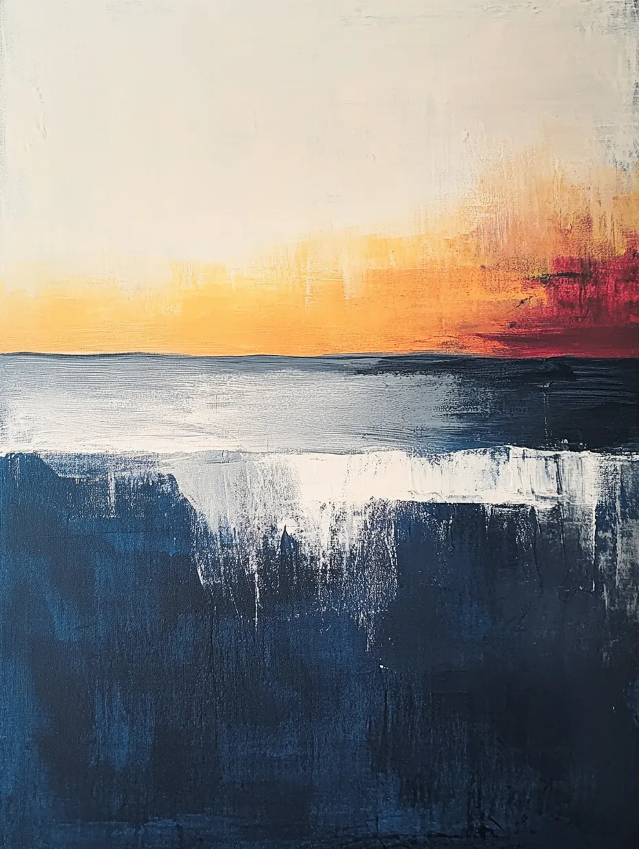 Cuadro con una representación abstracta del mar y el atardecer.