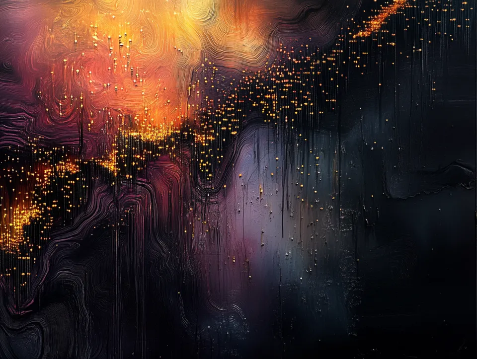 Abstracción moderna con colores ardientes sobre fondo oscuro