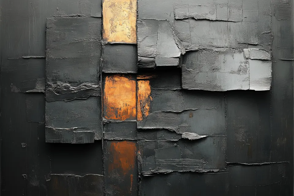 Abstract painting with black, gray, and golden textures