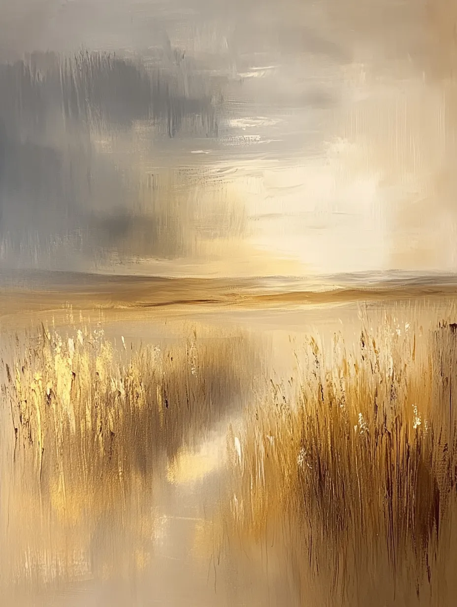 Paisaje abstracto con hierbas doradas y nubes grises de fondo