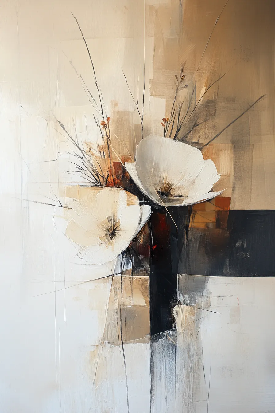 Composición abstracta con flores blancas y tonos neutros