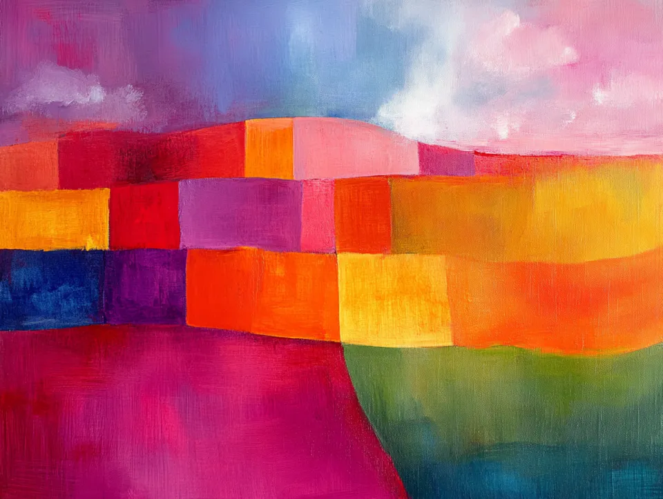 Brillante lienzo abstracto con cuadrados coloridos y formas fluidas