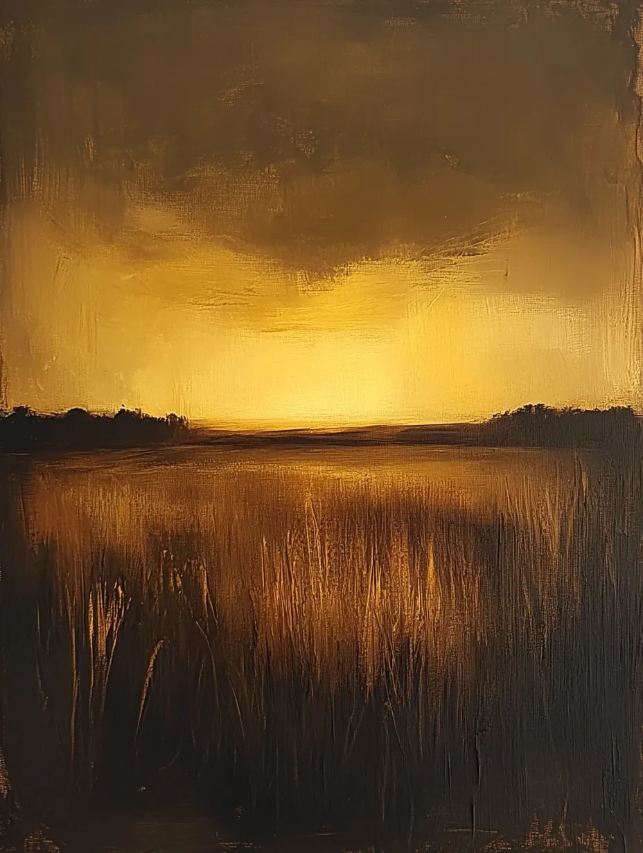 Cuadro con tonos dorados y negros que representa el amanecer sobre el campo